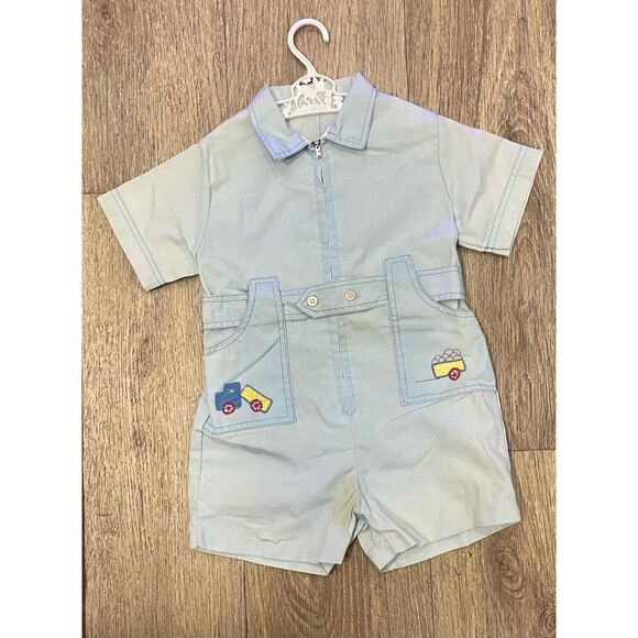 Vintage 70’s One Piece Little Boy Outfit Blue Trucks Pockets Shorts Baby - Picture 1 of 8